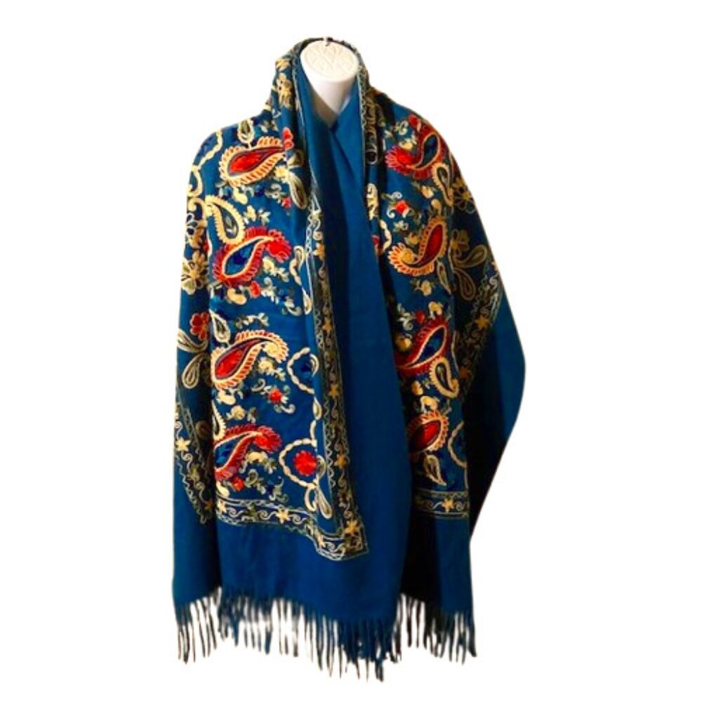 BohoCashmere Shawl Wrap Scarf Blue Colorful Paisley Embroidery Fringed 100% Wool